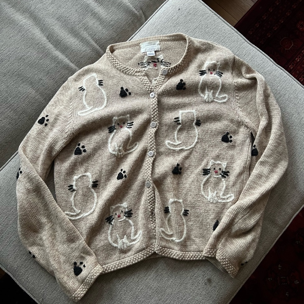 Vintage 2002 Christopher & Banks Beige Cat Cardigan
